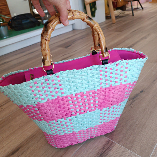 Capazo Turquesa -rosa asas madera