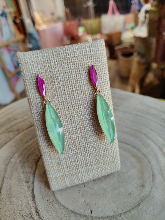 Pendientes acero, cristal verde y fucsia