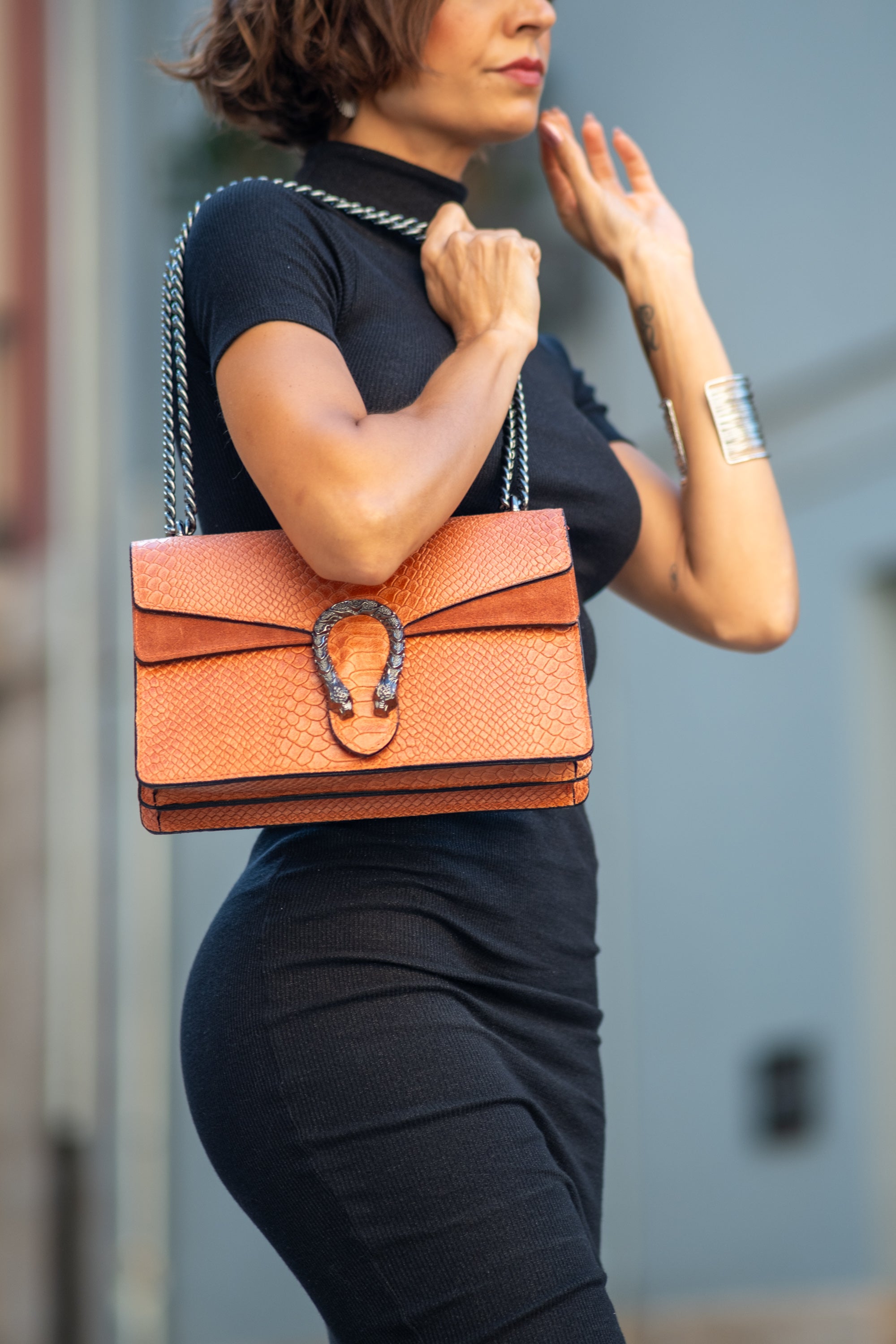 Bolso HERRADURA en Piel Color Teja con asa cadena bronce. El