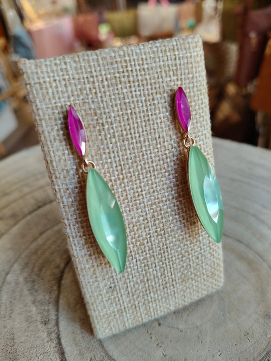 Pendientes acero, cristal verde y fucsia